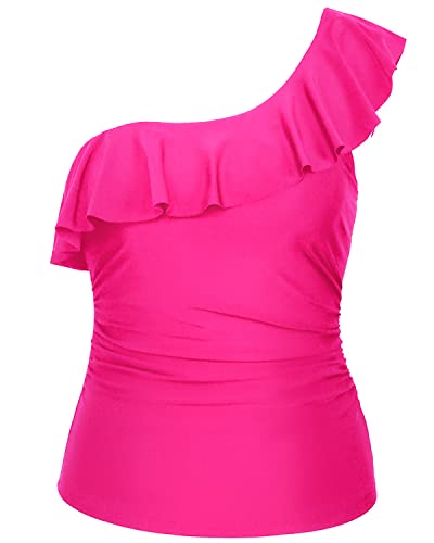 Slimming One Shoulder Tankini Tops Ruched For Women-Neon Pink