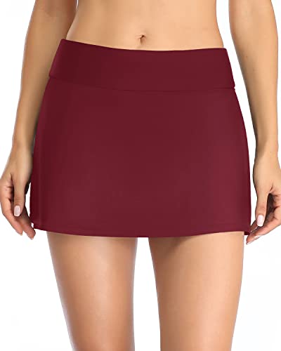 Flattering Mid Waist Swim Skirt Built-In Brief For Women-Maroon