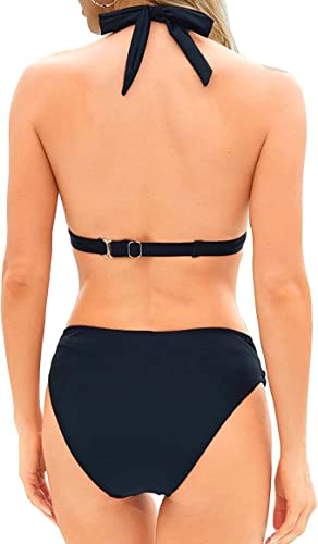 Retro Two Piece Bathing Suits Push Up Bikini Set Halter Swimsuit Vintage Swimwear-Black