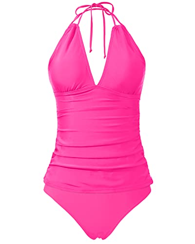 Two Piece Tummy Control Tankini Swimsuit Self Tie Straps-Neon Pink