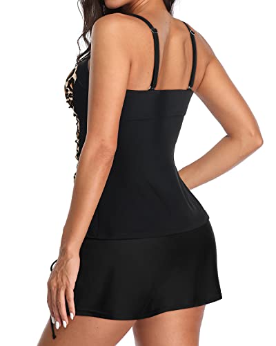 Women's Adjustable Shoulder Tankini Swimsuit Push Up Padded Bra-Black And Leopard