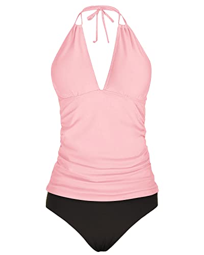 Open Back Halter Tankini Swimsuits Sexy Style For Women & Ladies-Pink And Black