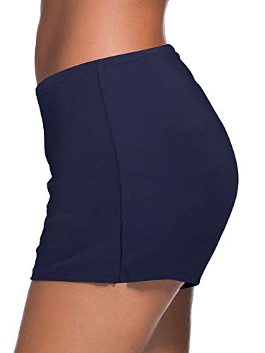 Mid Waist Tummy Control Swim Shorts For Women-Navy Blue