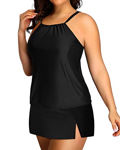 Women's Plus Size Bathing Suits Two Piece Tankini High Neck Swimsuits-Black