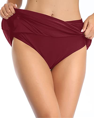 Flattering Mid Waist Swim Skirt Built-In Brief For Women-Maroon
