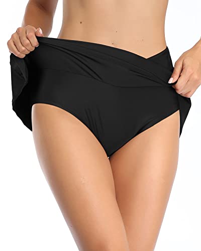 Flared Swimwear Bottoms Mid Waisted Swim Skirts-Black