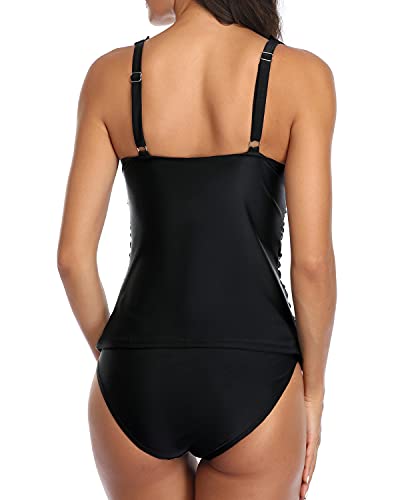 Double Ruffled Flounce Ruffle Tankini Swimwear For Women-Black