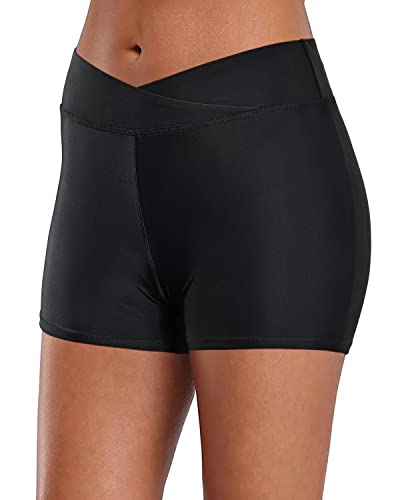 Mid Waist Womens Tankini Bottoms Swim Shorts-Black