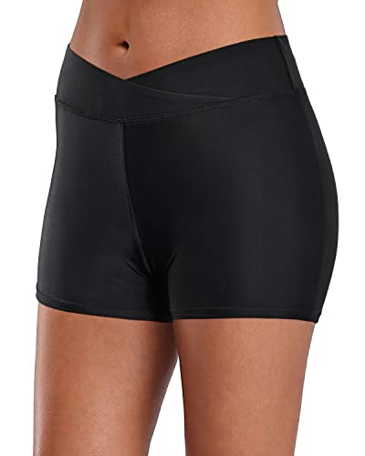 Mid Waist Womens Tankini Bottoms Swim Shorts-Black