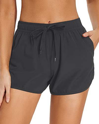 Athletic Women's Swim Shorts Pockets Drawstring Swim Bottom Trunks-Grey