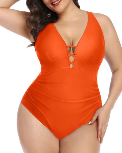 Push Up Padded Bra Plus Size Ruched One Piece Swimsuit-Neon Orange
