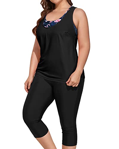 3 Piece Plus Size Swimsuits For Women Sports Bra & Swim Capris-Black Flamingo