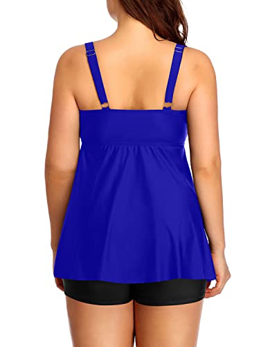 Two Piece Plus Size Tankini Swimsuits Padded Push Up Bra For Ladies-Royal Blue And Black