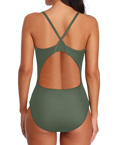 Women's Fly Back Squared Neckline Athletic Swimsuits-Olive Green