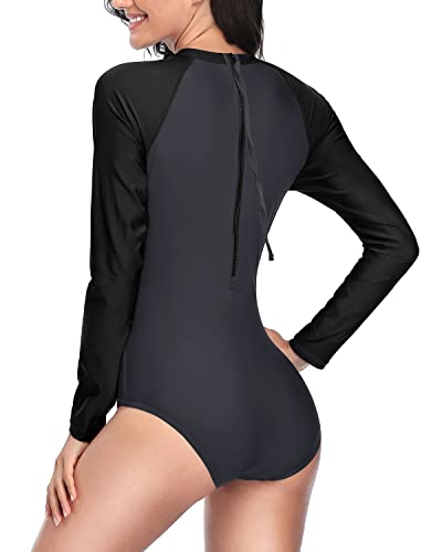 Long Sleeve One Piece Swimsuit Upf 50 Rash Guard For Women-Grey And Black
