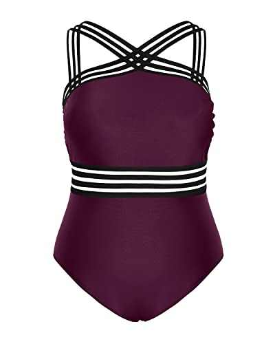 Plus Size One Piece Swimsuits Tummy Control High Waisted Full Coverage Monokinis-Maroon