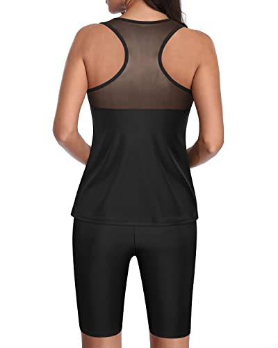 Women's Racerback Tankini Top Long Swim Shorts Modest Swimsuits-Black