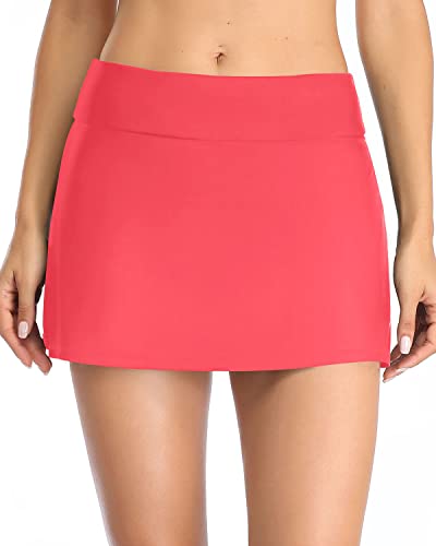 Modest A-Line Swim Bottom Elastic Waist Elastic Swim Skirt For Women-Red