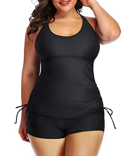 Women's Plus Size Tankini Swimsuit Bathing Suit Top Shorts Athletic Swimwear-Black