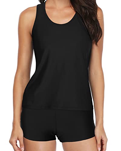 Trendy 3 Piece Tankini Swimsuits For Women Boyshorts-Black