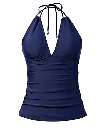 Sexy Deep V Neck Ruched Tankini Tops For Women Swimwear-Navy Blue