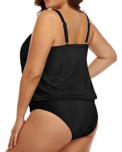 Plus Size Blouson Tankini Set Swimsuit For Women Tummy Control Bathing Suit-Black