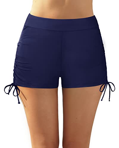 Ruched Bathing Suit Shorts Tummy Control Swim Shorts For Women Swimwear-Navy Blue