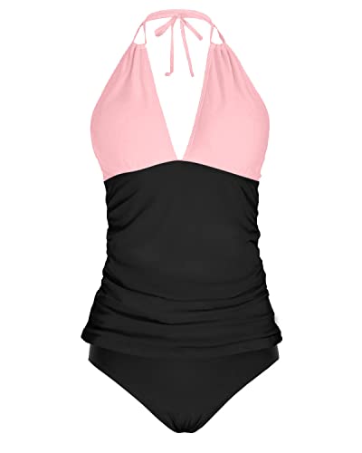 Open Back Halter Tankini Swimsuits V Neck Tops Bikini Bottom Two Piece-Pink And Black