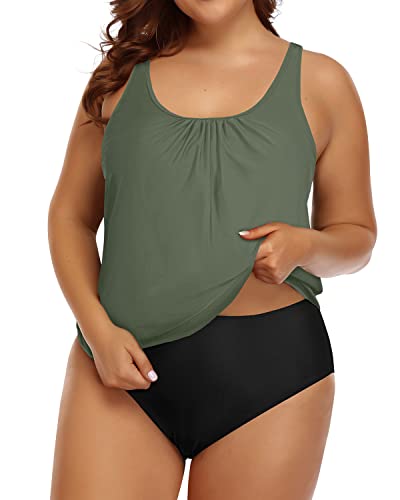 Plus Size Two Piece Tummy Control Blouson Swimsuit For Women-Olive Green