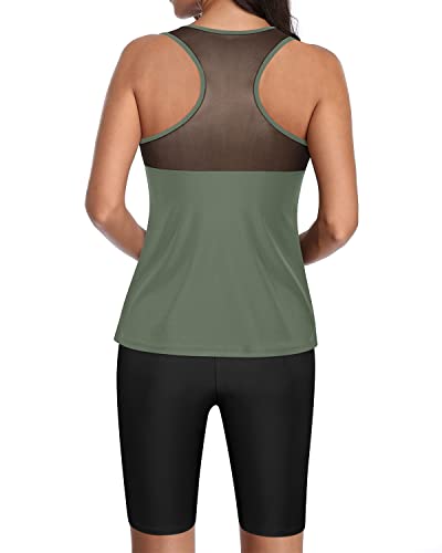 Round Neck 2 Piece Swimsuit Racerback Tankini Top And Long Swim Shorts-Olive Green