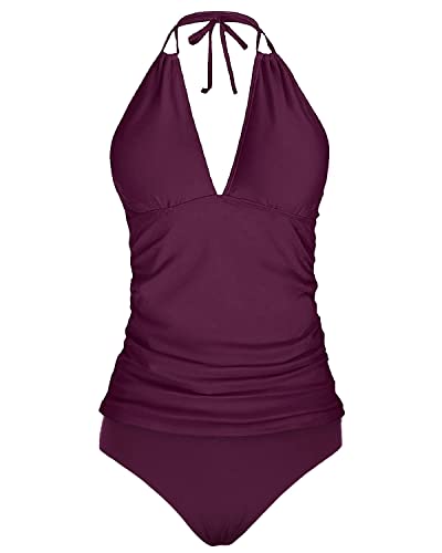 Backless Halter Tankini Swimsuits Ruched Bathing Suit-Maroon