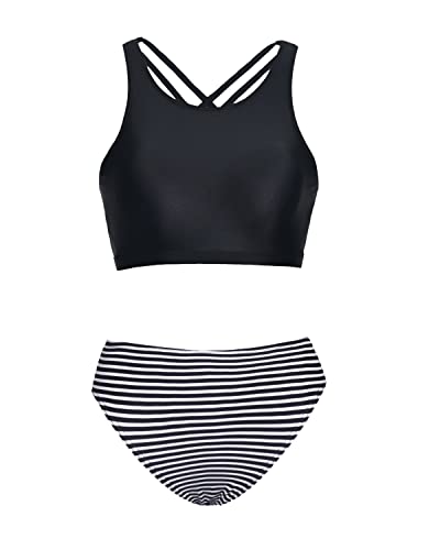 High Neck Bathing Suits Adjustable Straps Swimsuits For Teens-Black Stripe