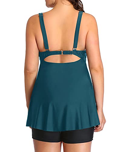 Push Up Padded Plus Size Tankini Swimsuits Shorts For Women-Teal And Black