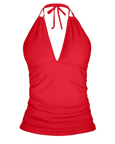 Cute Ruched Design Halter Top Swimsuits For Women-Red