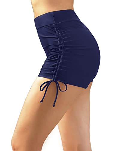 Ruched Bathing Suit Shorts Tummy Control Swim Shorts For Women Swimwear-Navy Blue