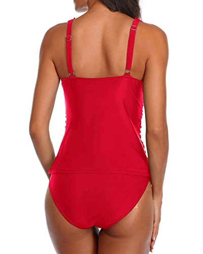 Stylish Shirred Front Tankini Set Tummy Control Swimsuits For Women-Red