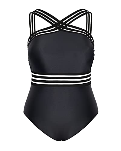 Plus Size One Piece Swimsuits High Neck Mesh Front Crossover Monokinis-Black