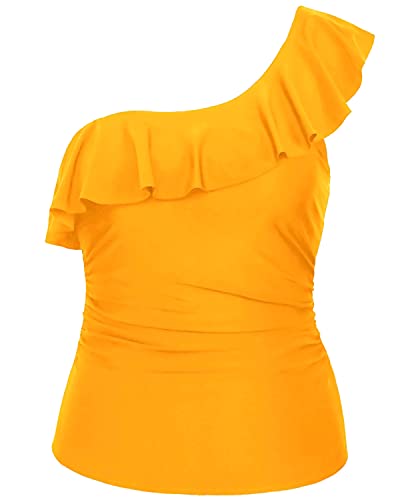 Padded One Shoulder Tankini Top Ruffle Flounce For Women-Yellow