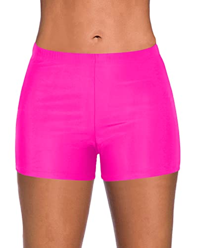 Mid Waist Swim Board Shorts For Women's Tankini-Neon Pink