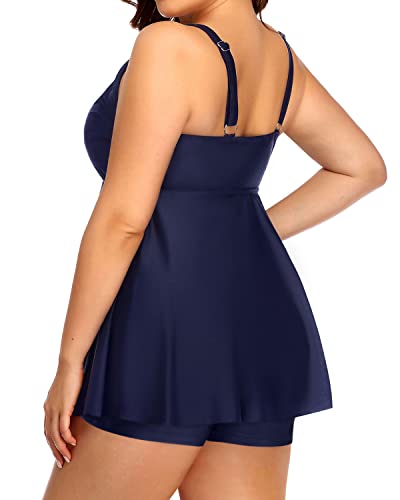 Two Piece Tie Knot Bow Adjustable Swimsuit Tops And Black Boyleg Bottom-Navy Blue