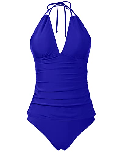Two Piece Halter Tankini Swimsuits Bikini Bottom For Women-Royal Blue