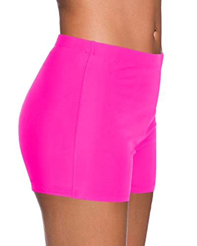 Mid Waist Swim Board Shorts For Women's Tankini-Neon Pink