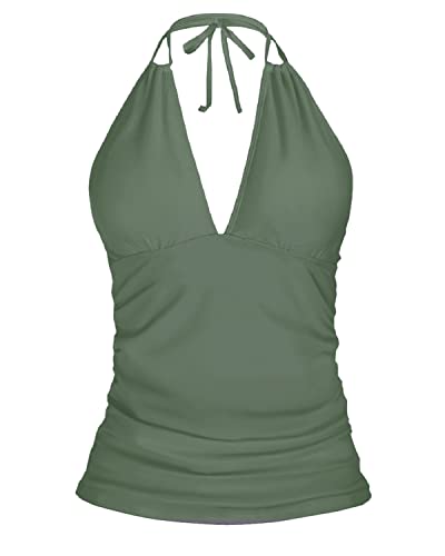 Women's Halter Tankini Top V Neck Swim Top Tummy Control Bathing Suit Top-Olive Green