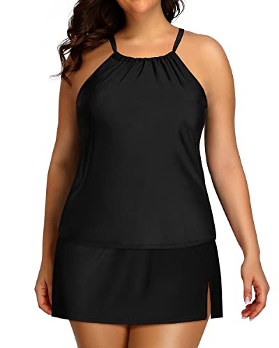 Women's Plus Size Bathing Suits Two Piece Tankini High Neck Swimsuits-Black