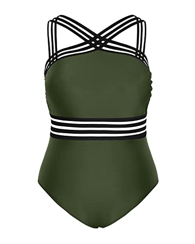 High Neck One Piece Bathing Suits Front Crossover Monokini Swimsuits For Women-Army Green