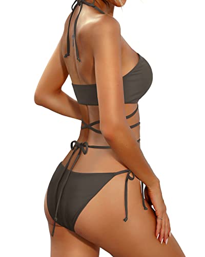 Tie Sides Strappy Two Piece Bikini Set Sexy Swimsuit-Brown