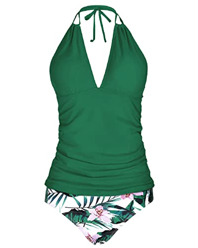 Open Back Halter Tankini Swimsuits V Neck Tops Bikini Bottom-Green Tropical Floral