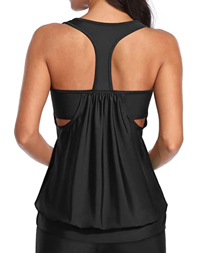 T Back Padded Push Up Bra Blouson Tankini Top Swimsuits For Women-Black