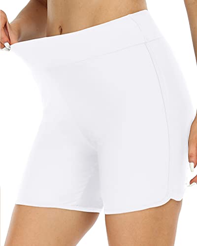 High Waisted Swim Shorts Tummy Control Tankini Shorts-White