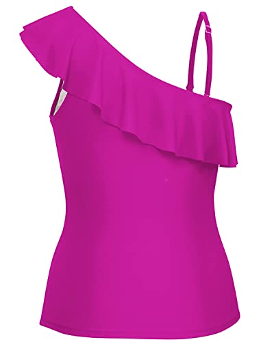 One Shoulder Tankini Tops Ruffle Swim Tops Strapless Bathing Suit Tops-Hot Pink
